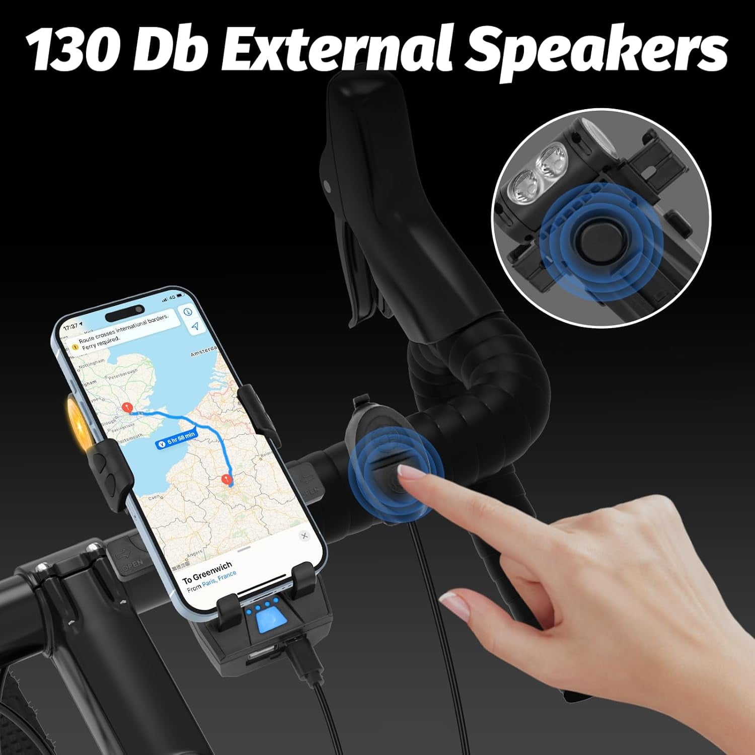 Bike Phone Holder with LED Light, 5-in-1 Bike Motorcycle Phone Mount, 4 Light Modes Rechargeable, Fog Light & Horn, Built-in 2000mAh Battery, USB Fast Charge for 4.7'' to 6.8'' Smart Phones