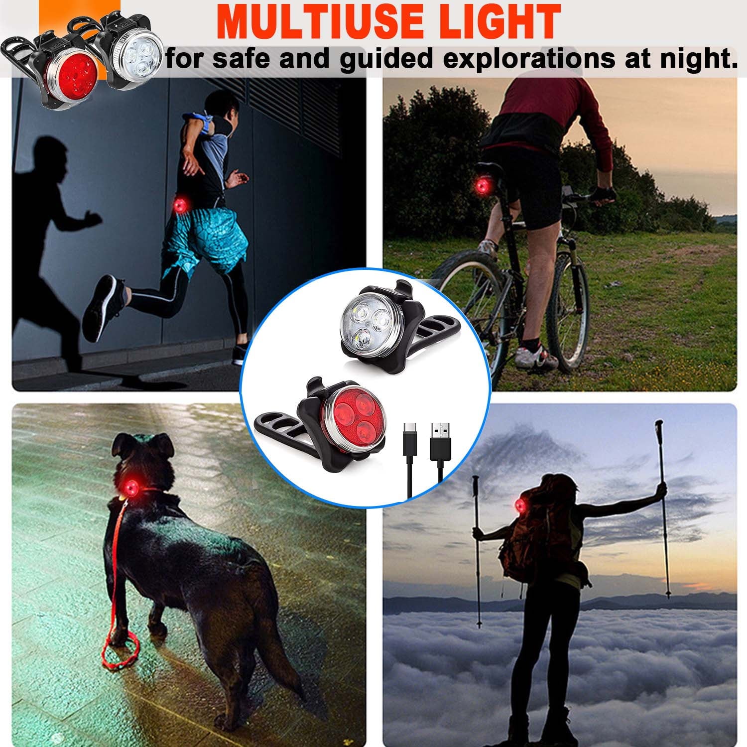 USB Rechargeable Bike Light Set,Super Bright Front Headlight and Rear LED Bicycle Light,650mah Lithium Battery,4 Light Mode Options(2 USB cables and 4 Strap Included)