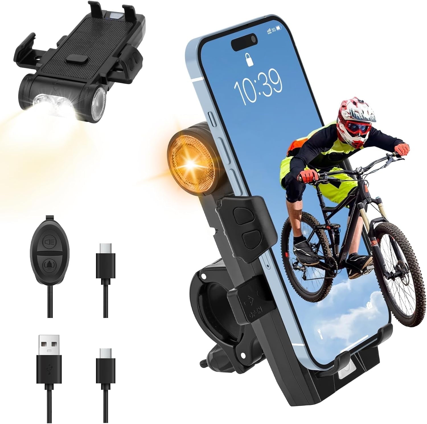 Bike Phone Holder with LED Light, 5-in-1 Bike Motorcycle Phone Mount, 4 Light Modes Rechargeable, Fog Light & Horn, Built-in 2000mAh Battery, USB Fast Charge for 4.7'' to 6.8'' Smart Phones