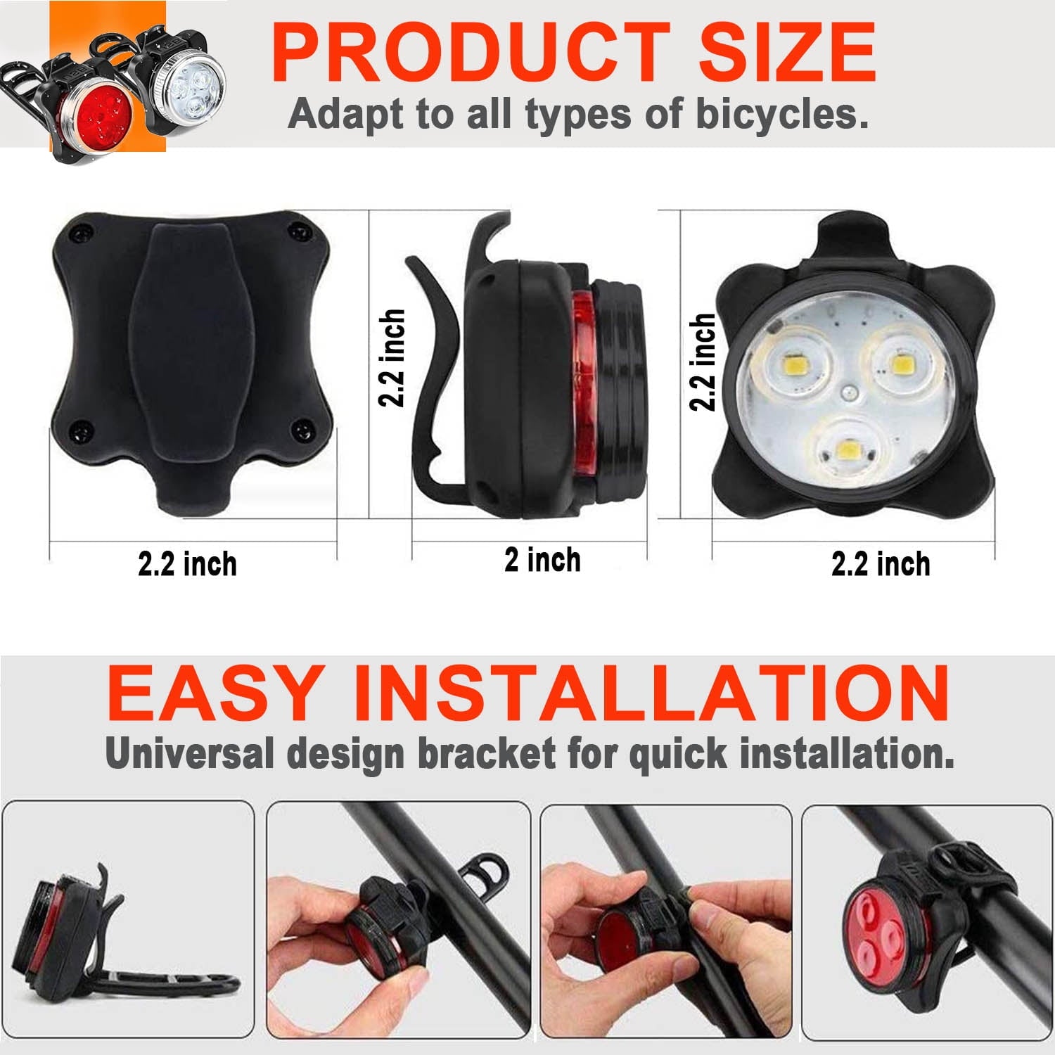 USB Rechargeable Bike Light Set,Super Bright Front Headlight and Rear LED Bicycle Light,650mah Lithium Battery,4 Light Mode Options(2 USB cables and 4 Strap Included)