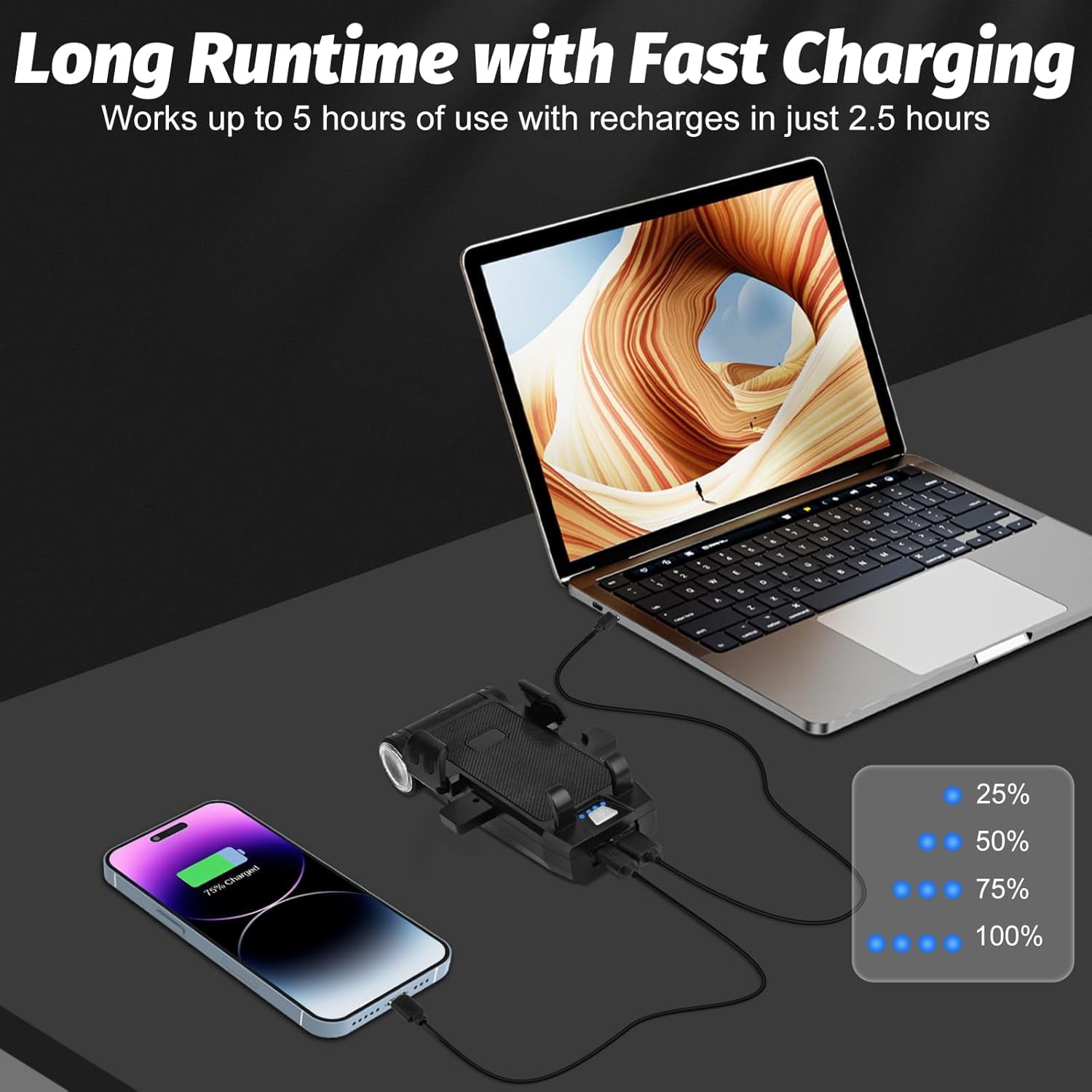 Bike Phone Holder with LED Light, 5-in-1 Bike Motorcycle Phone Mount, 4 Light Modes Rechargeable, Fog Light & Horn, Built-in 2000mAh Battery, USB Fast Charge for 4.7'' to 6.8'' Smart Phones