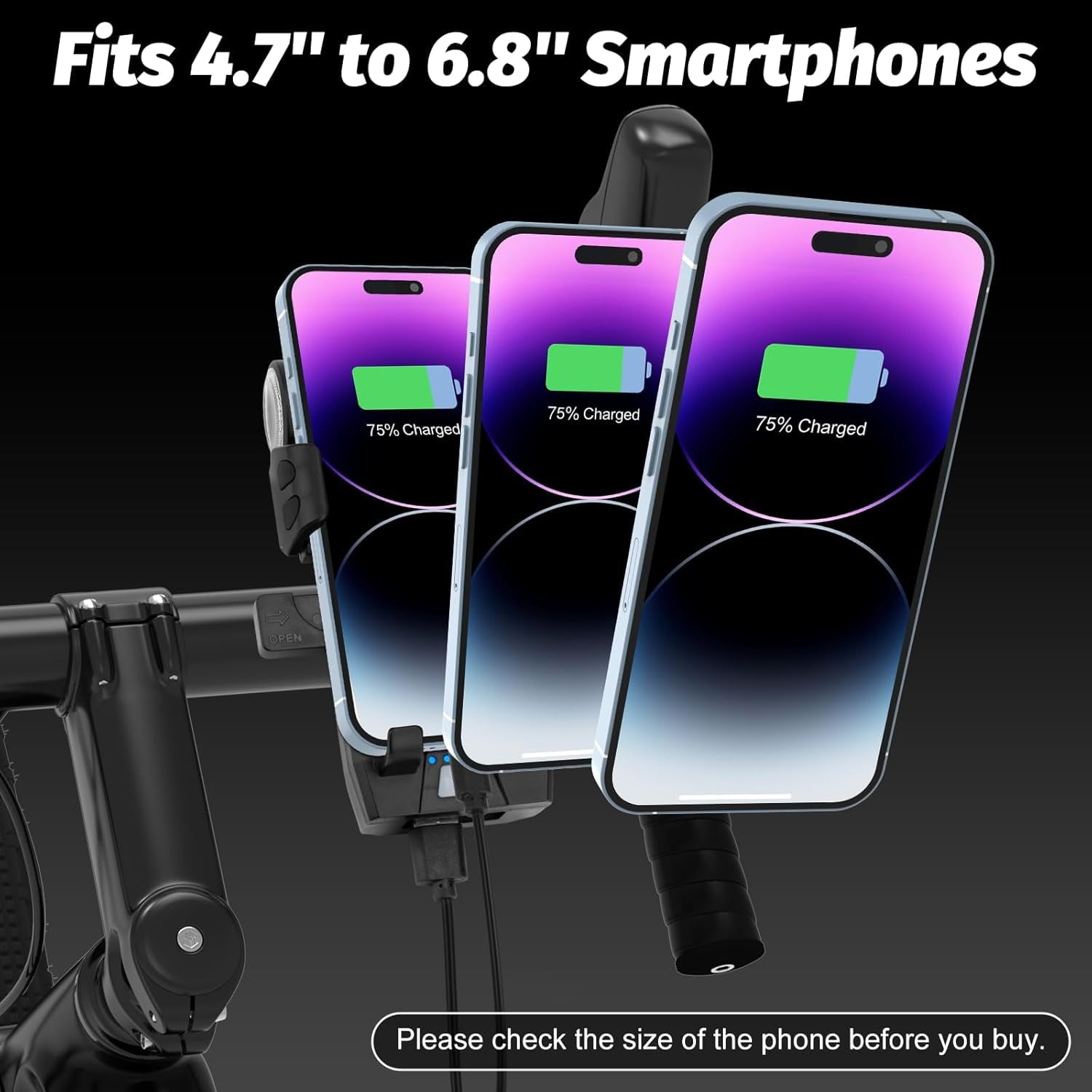 Bike Phone Holder with LED Light, 5-in-1 Bike Motorcycle Phone Mount, 4 Light Modes Rechargeable, Fog Light & Horn, Built-in 2000mAh Battery, USB Fast Charge for 4.7'' to 6.8'' Smart Phones